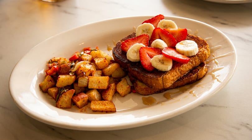 French toast topped with strawberries and bananas, served with a side of seasoned home fries.