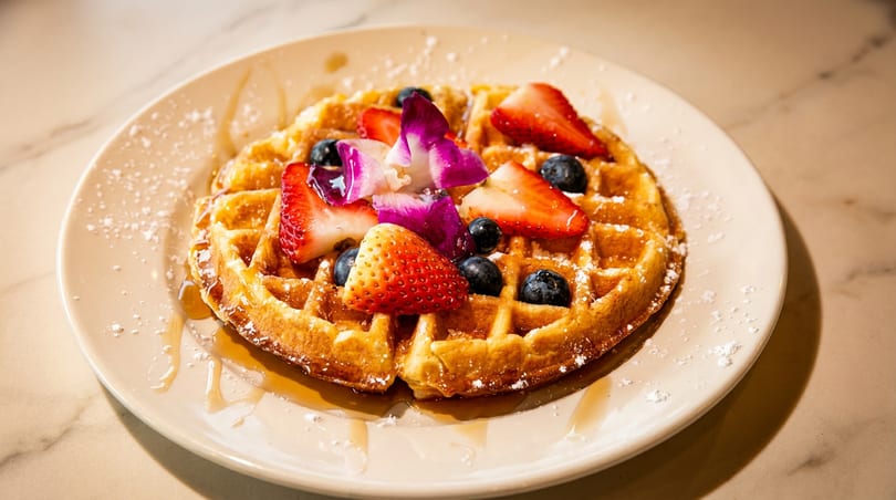 Golden waffle topped with fresh strawberries, blueberries, powdered sugar, syrup, and an orchid garnish.