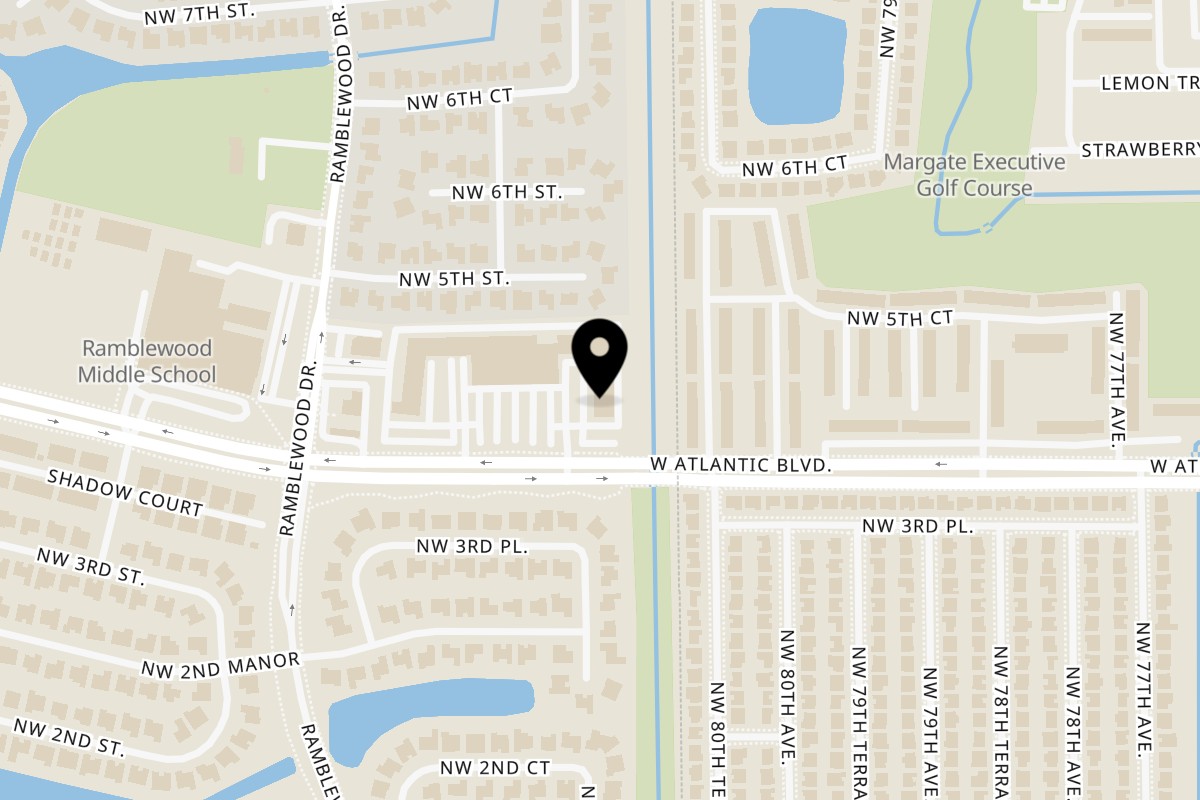 Map showing the location of Addiction Bistro on 8211 W Atlantic Blvd in Coral Springs